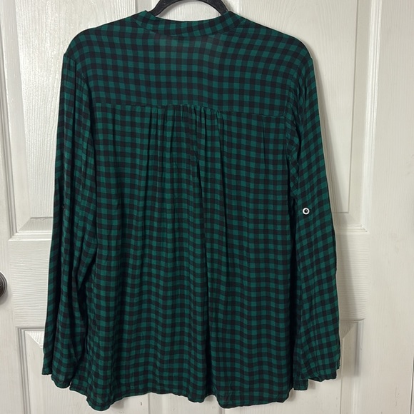 MEAKEOR lightweight flowy Green Checkered Womens vneck blouse sleeve tab size XL - Picture 2 of 12
